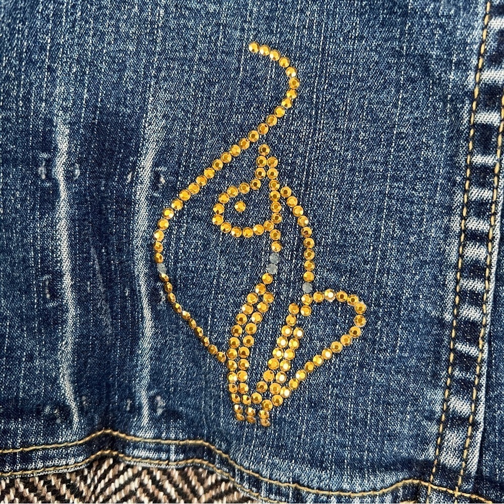 BABY PHAT Y2K Vintage Jean Jacket Tweed Trim Rhinestone Cat Bling Distressed 3X - Picture 11 of 12